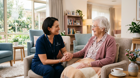 Aged care worker greeting a resident, cover photo for the New Aged Care Worker First-Shift Checklist